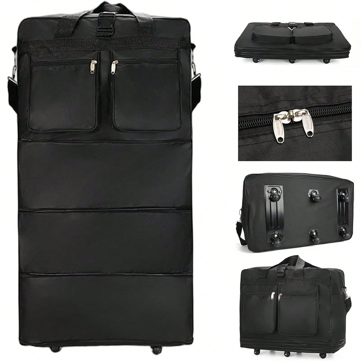 Foldable Rolling Luggage Bag - Schwarze Reisetasche mit Rollen, ausziehbar und